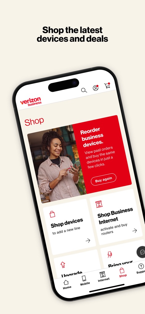 My Verizon For Business - A funcionalidade "Reordenar dispositivos empresariais" agiliza aquisições repetidas, enquanto a opção "Comprar dispositivos" oferece acesso fácil às últimas tecnologias.
