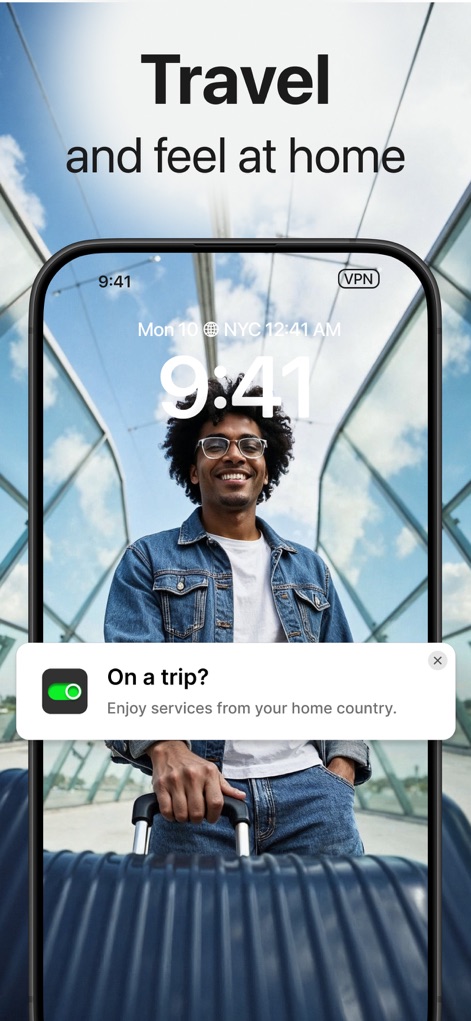 Toggle VPN for Secure Internet - See how the app ensures a 'home-like' online experience for travelers, highlighted by the 'On a trip?' notification and the airport setting indicating international use.