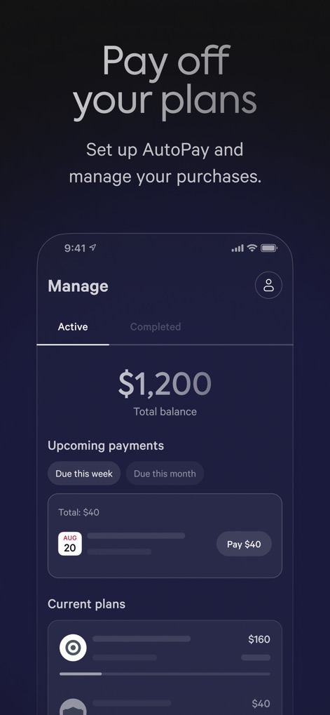 Affirm: Buy now, pay over time - The app provides a clear overview of active plans and upcoming payments, allowing users to conveniently manage their total balance and initiate payments for due amounts.