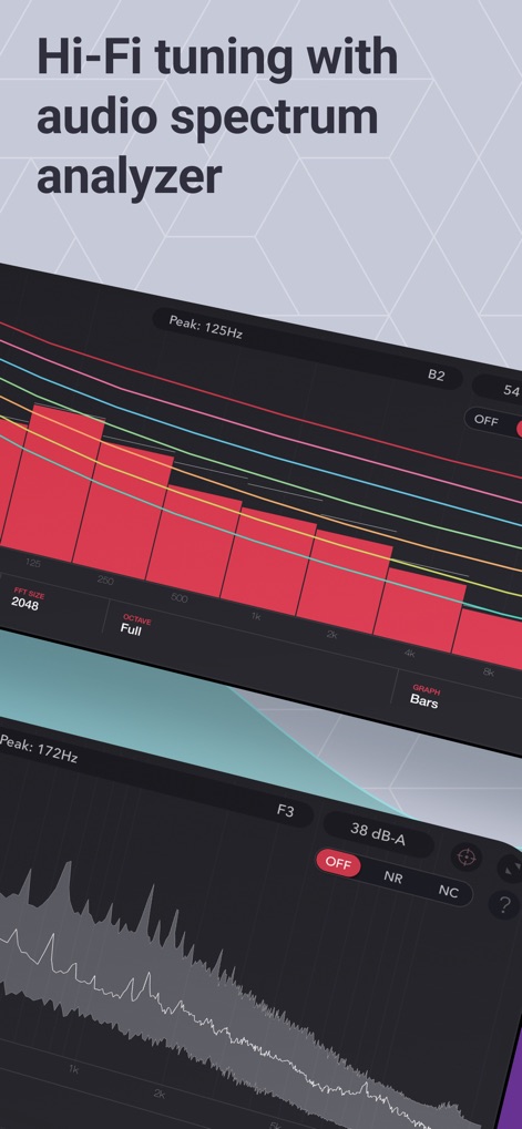 Decibel : dB sound level meter - Dieses Tool bietet einen leistungsstarken Spektrumanalysator mit flexiblen Visualisierungsmodi, darunter detaillierte Balkendiagramme für Frequenzbänder und präzise Frequenzkurven.