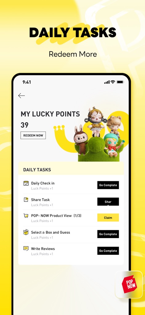 POP MART - Users can boost their collection journey through 'Daily Tasks' to earn 'Lucky Points', with actions like 'Daily Check in' and 'Writing Reviews' contributing to rewards.