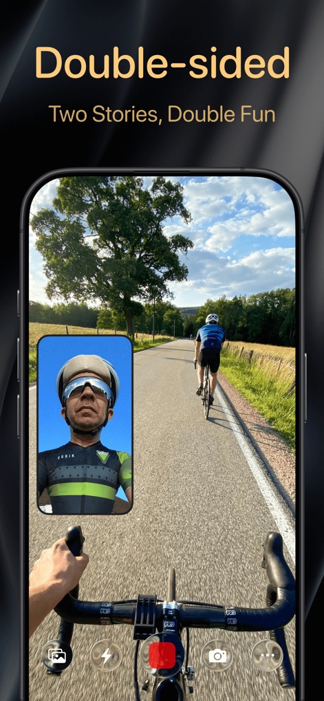2Camera DualShot Recorder Cam - Perfecta para deportes o actividades al aire libre, esta captura ilustra la vista de la carretera desde la cámara trasera y el rostro del ciclista en el PiP flotante, contando una historia completa.