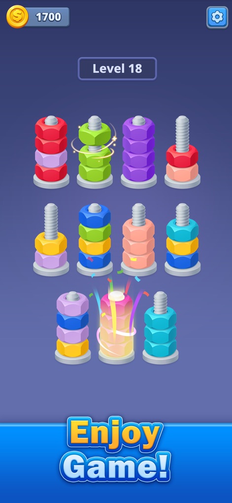 Nuts Factory: Sort Puzzle - Observez les effets visuels dynamiques des vis qui scintillent et des confettis éclatants, transformant chaque étape en un véritable "Enjoy Game!".