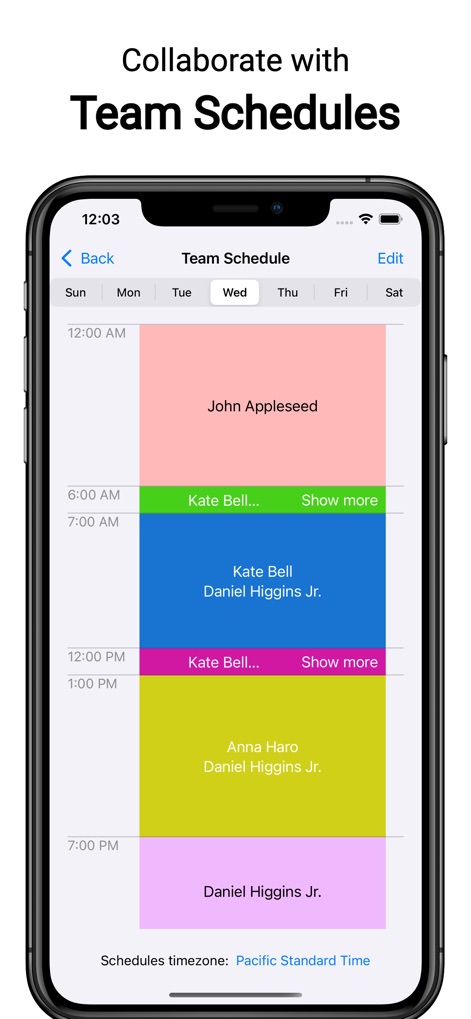 Second Phone Number: Text Call - Visually manage team member availability through a clear schedule interface, showing allocated time slots for each user.