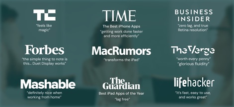 Duet Display - Découvrez l'avis unanime de la presse mondiale, où les citations mettent en lumière sa "fluidité glorieuse" et son fonctionnement "sans latence", confirmant la fiabilité et l'efficacité de l'application.