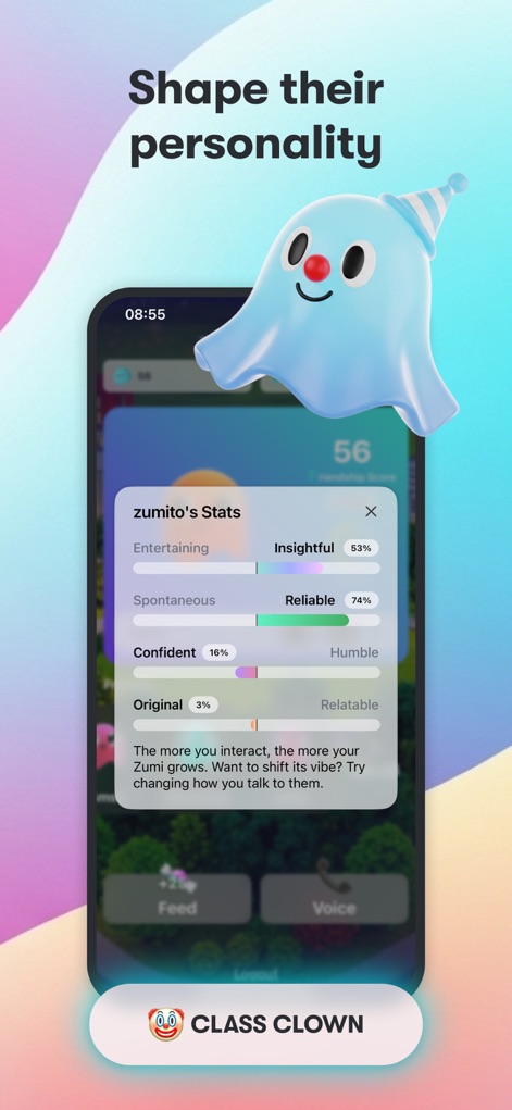 Zumi: Chat & Dress Up - Los usuarios pueden influir directamente en la identidad de su Zumi, visualizando sus "estadísticas de personalidad" y cómo la "interacción" diaria modela su carácter.