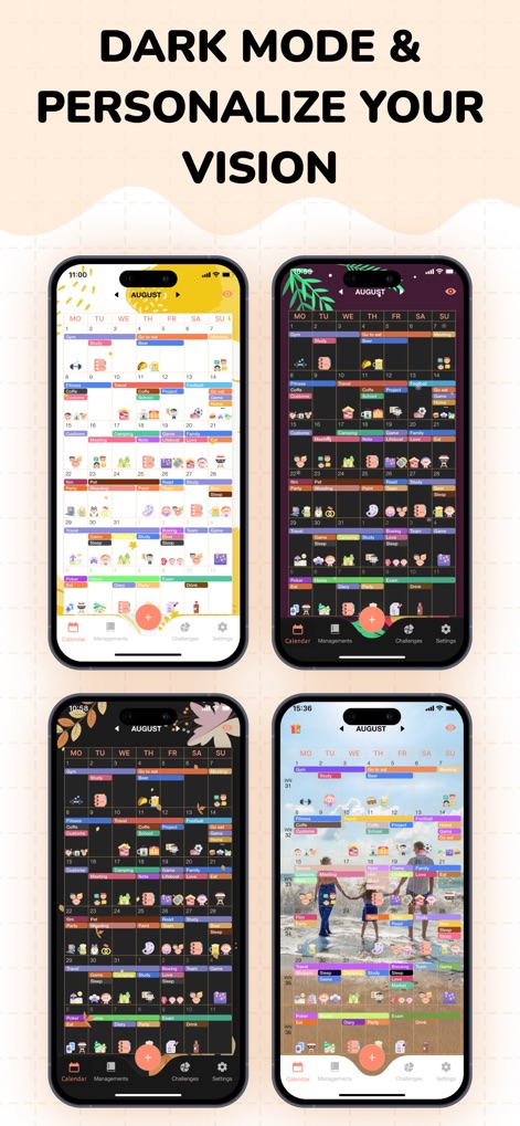 Cute Calendar : Agenda Planner - The app offers extensive personalization with a seamless Dark Mode option and the ability to choose custom background effects for a truly unique planning experience.