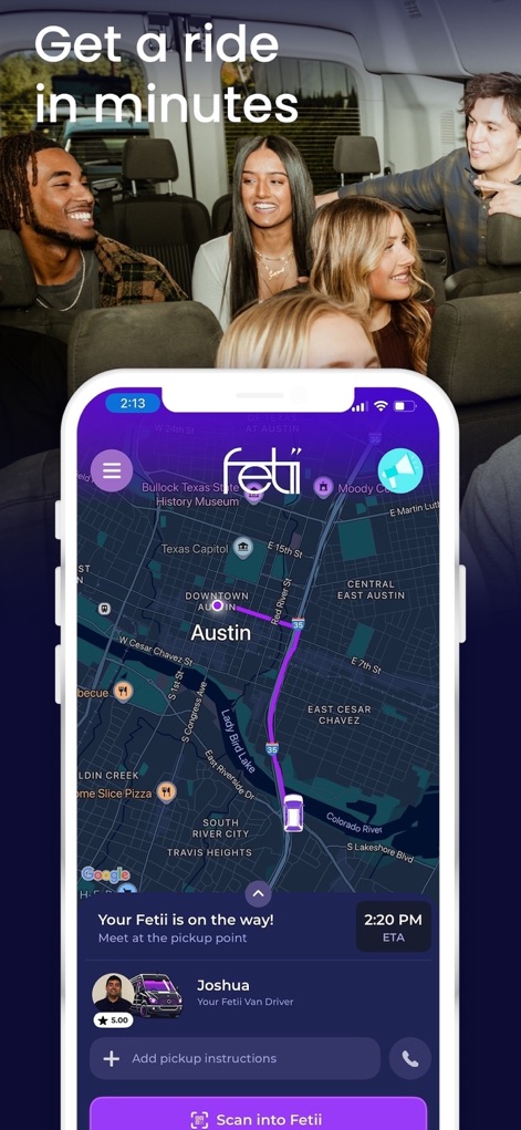 Fetii Ride - The app provides real-time ride tracking, displaying the driver's name and rating, along with an estimated time of arrival, enhancing user confidence.