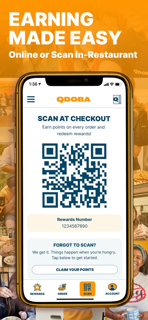 QDOBA Mexican Eats - Users can effortlessly earn points by scanning the unique QR code at checkout or recovering points with the dedicated "Claim Your Points" button.