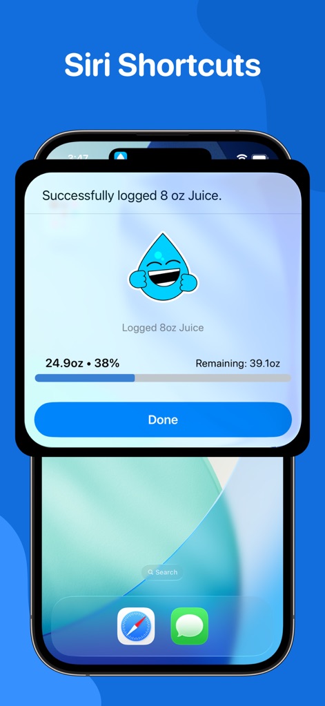 Water Tracker by WaterMinder® - The app integrates seamlessly with Siri Shortcuts, enabling users to log drinks like juice effortlessly with voice commands and view immediate confirmation.