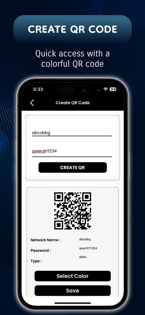 Router Password : WIFI Connect - Partagez facilement votre réseau en générant un code QR personnalisable avec le nom du réseau (SSID) et le mot de passe.