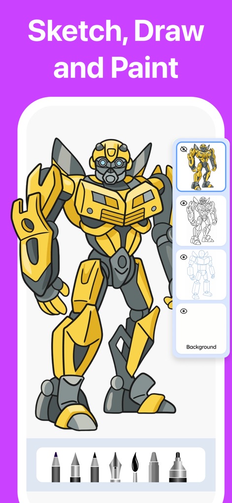 Drawing Desk: Sketch Paint Art - 本アプリは、スケッチから描画、着色まで一貫した制作プロセスをサポートします。サイドパネルのレイヤー管理機能と、下部に並ぶ多彩な描画・着色ツールで、表現の幅が広がります。