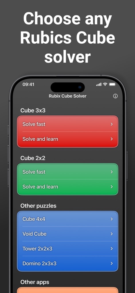 Rubix Cube Solver - Explore a wide range of supported puzzles, from the classic 3x3 to more complex types like 4x4 and Void Cube, all accessible through a clear selection menu.
