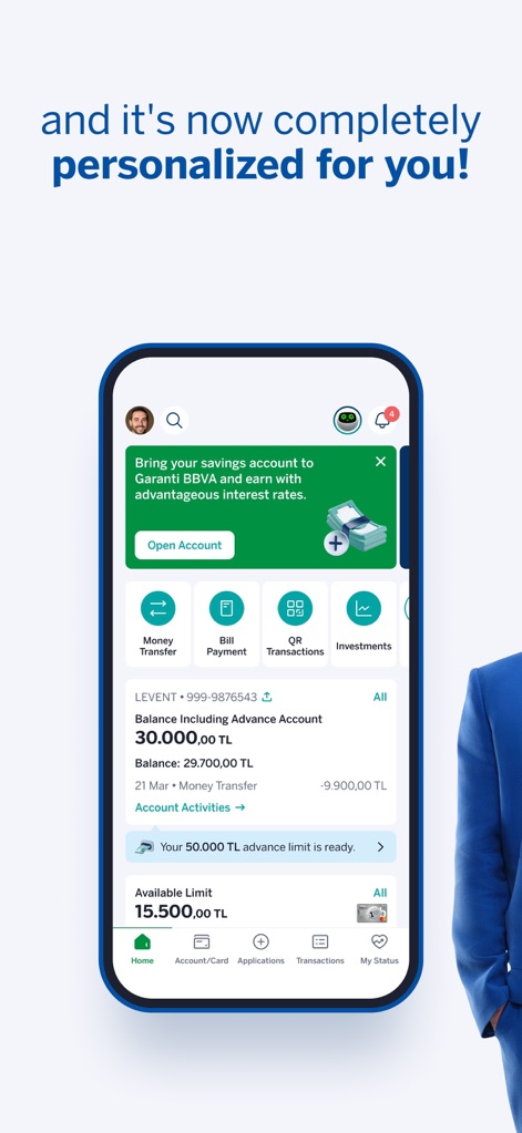 Garanti BBVA Mobile - Explore the app's customized dashboard, displaying the prominent 'Balance Including Advance Account' and convenient quick access icons for 'Money Transfer' and 'Investments'.