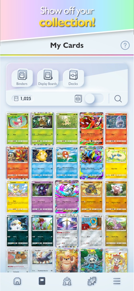 Pokémon TCG Pocket - La galería de "Mis Cartas" permite a los usuarios gestionar su vasta colección, organizando las 1.025 cartas existentes en carpetas y tableros de exhibición para una presentación personalizada.