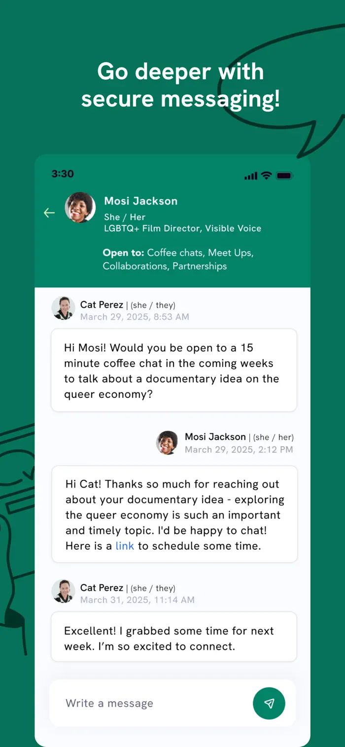 A Hey Famm direct message setting up a coffee chat
