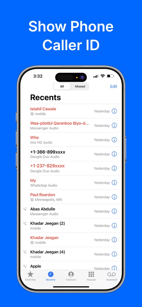 Caller ID - Spam Call Blocker - This screen displays the detailed "Recents" call history, where users can review past interactions and access additional information via the 'i' icon next to each entry.
