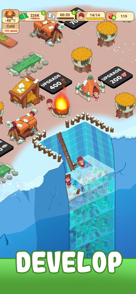 Icy Village: Survival Idle - La schermata mostra l'evoluzione dell'insediamento, con varie strutture intorno a un falò centrale e personaggi impegnati a scavare in un pozzo di ghiaccio.