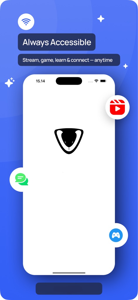 VPN - 星星VPN加速器 - 本アプリのメイン画面は、ストリーミング、ゲーム、学習といった様々なオンライン活動において、ユーザーが常にアクセス可能な状態を保てることを示唆しています。