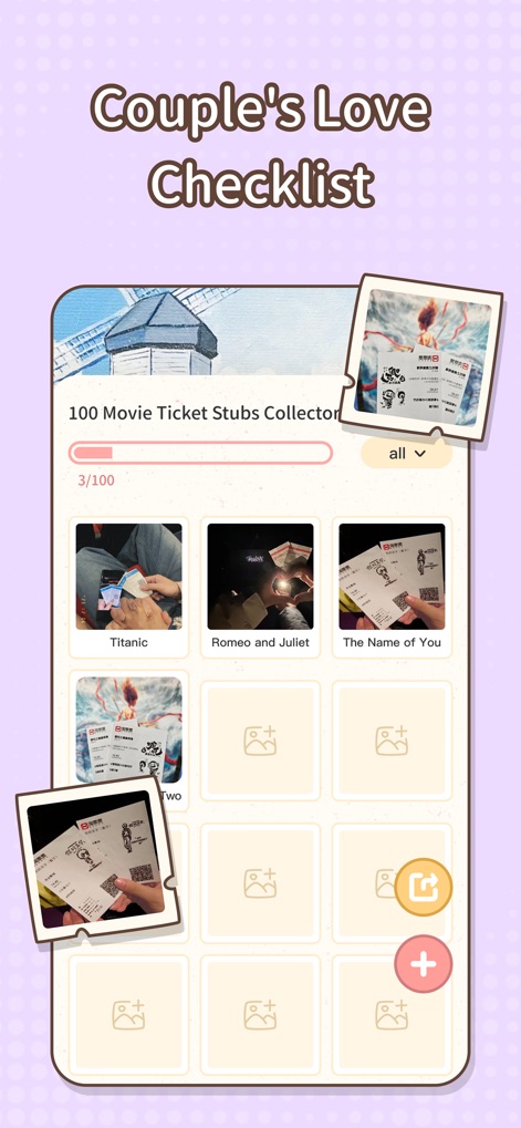Sweetly-the world for couples - This feature allows couples to complete and track joint goals, such as the "100 Movie Ticket Stubs Collector," by adding individual photos to mark achievements.