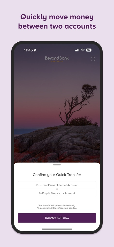 Beyond Bank - Les utilisateurs peuvent effectuer des transferts rapides et confirmés entre leurs comptes, comme du monEsaver Internet Account au Purple Transactor Account, avec une limite journalière clairement indiquée pour la sécurité des transactions.