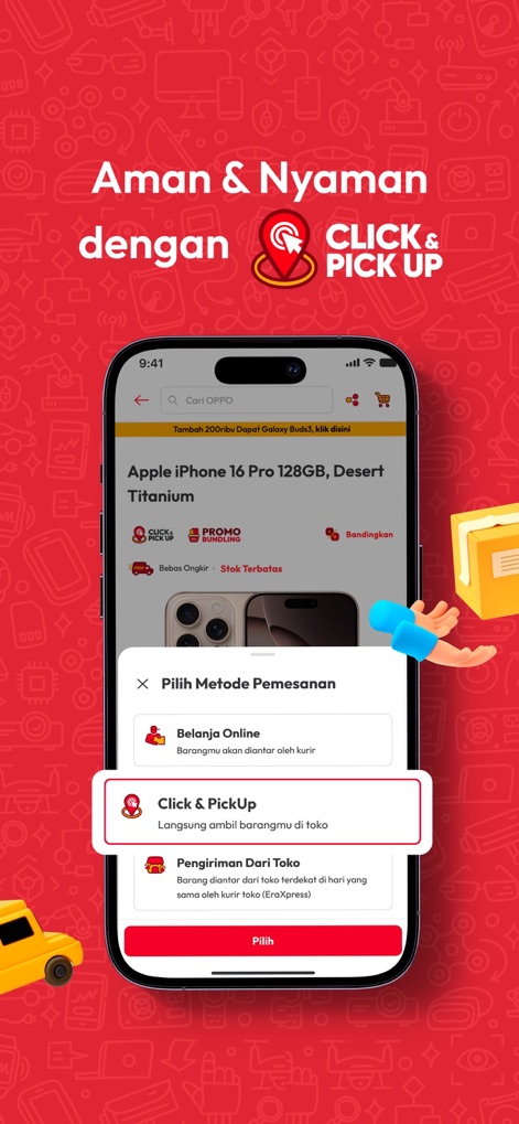 erafone - この画面では、「Pilih Metode Pemesanan」モーダルを通じてユーザーが注文方法を選択でき、特に「Click & PickUp」オプションでオンライン購入品を店舗で受け取れる利便性を提供します。