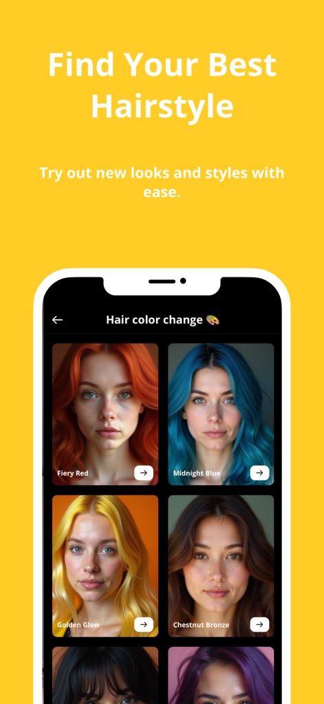 Filterly - AI Photo Enhancer - Esta sección permite a los usuarios experimentar con su apariencia a través de una cuadrícula de opciones de cambio de color, mostrando tonos vibrantes como el 'Fiery Red' y el 'Midnight Blue' en tiempo real.