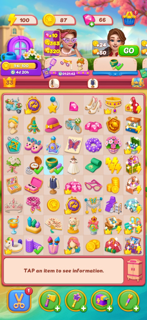 Glow Tales: Merge & Makeover - Esta herramienta muestra un tablero de fusión con una amplia gama de elementos coleccionables, desde cosméticos hasta accesorios, junto con una barra superior que detalla los recursos del jugador.