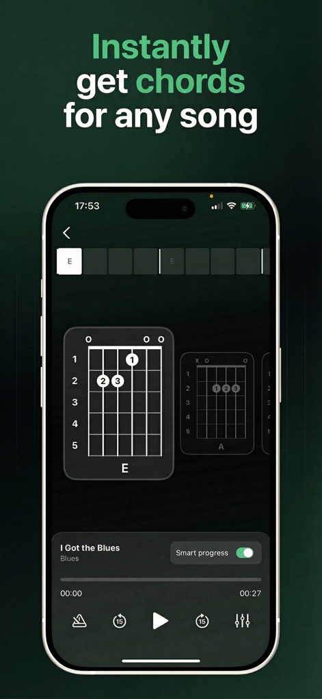 Tuner Pro: Guitar Tuner & Tab - Obtenha acordes instantaneamente para qualquer música, com diagramas claros como E e A, e controles de reprodução para prática sincronizada.