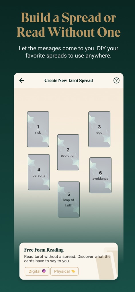 Labyrinthos Tarot Reading - The app empowers users with a customizable spread creation interface, alongside flexible freeform reading options for both digital and physical card interactions, catering to individual preferences.