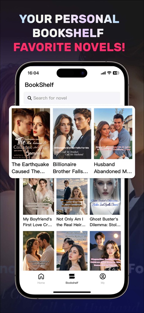 Novel Master - Users can easily manage their treasured stories within the dedicated "BookShelf" tab, visually organizing their personal collection of novel covers.