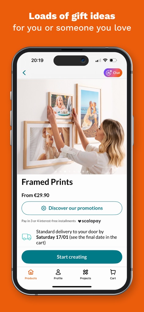 PhotoSi: Photobooks and prints - Users can explore creating personalized framed prints, with the interface highlighting detailed product information and flexible payment plans such as 'Pay in 3 or 4 interest-free installments'.