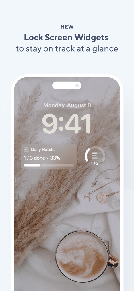 Do Habits: Get It Done - Questo screenshot presenta la nuova funzionalità dei "Lock Screen Widgets", permettendo agli utenti di monitorare rapidamente le abitudini dal blocco del telefono. Un chiaro cerchio di progresso evidenzia lo stato di completamento delle attività (1/3 fatto).