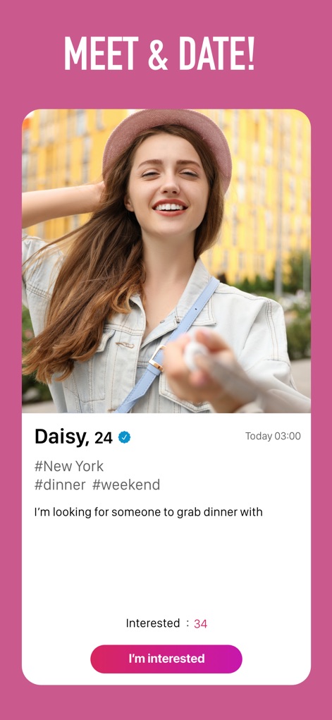 SweetRing Dating App - La pantalla muestra la innovadora "Date Posting Feature", donde Daisy, 24, busca a alguien para cenar, e incluye hashtags como "#New York", "#dinner" y un botón "I'm interested" para participar en la cita.