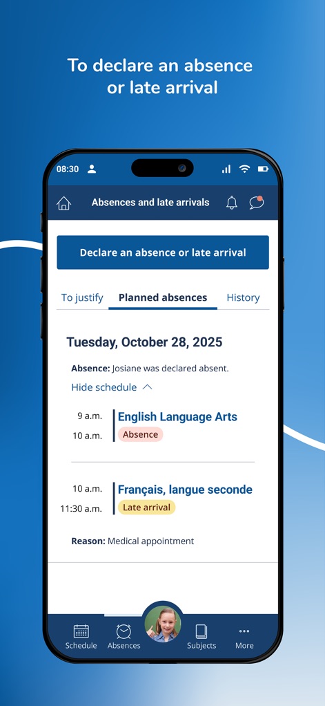 Clic école - This intuitive interface simplifies attendance management with a clear 'Declare an absence or late arrival' button and organized tabs for viewing 'Planned absences' and absence 'History'.