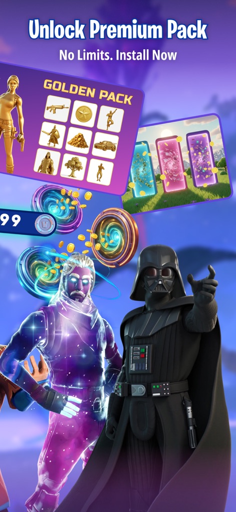 FZone - Fortnite Game Stats - The app highlights exclusive offerings with its "GOLDEN PACK" previews, detailing curated cosmetic bundles and associated in-game currency.