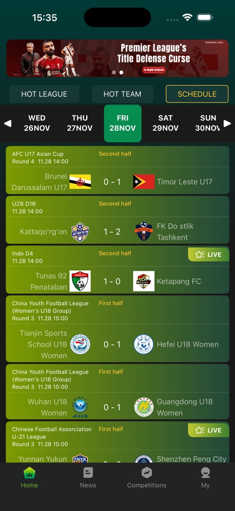 Camel Live - The app provides dynamic daily match listings and live game progress, clearly indicating active matches with 'Second half' and 'LIVE' tags.