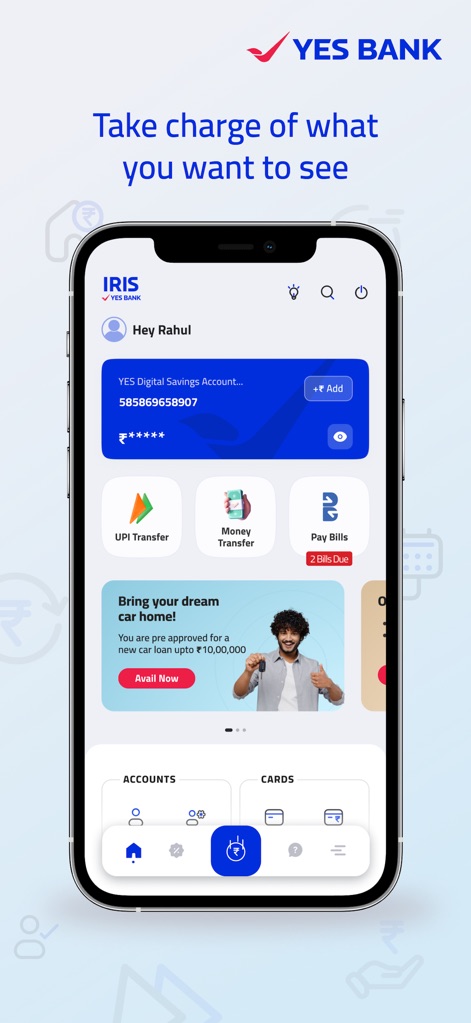 IRIS by YES BANK - Mobile App - This tool presents a personalized welcome dashboard, showcasing the "YES Digital Savings Account" overview and offering quick access to "UPI Transfer" and "Pay Bills" for effortless transactions.