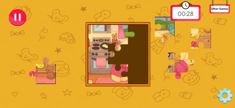 Bobbie Goods coloring book - This tool showcases an engaging jigsaw activity with a visible timer for an added challenge and charming puzzle pieces forming a delightful kitchen scene.