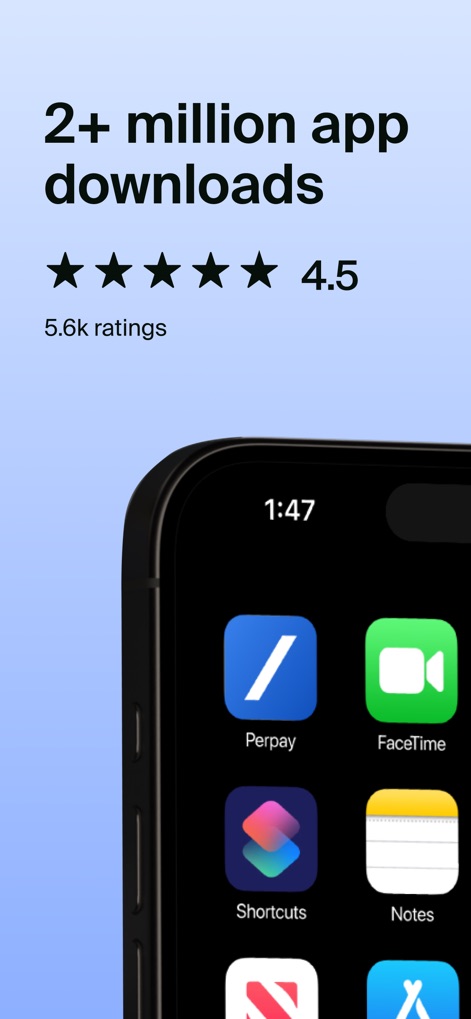 Perpay - Shop and Build Credit - This image highlights the app's significant user base, indicated by "2+ million app downloads", and its positive reception with a prominent 4.5-star rating.