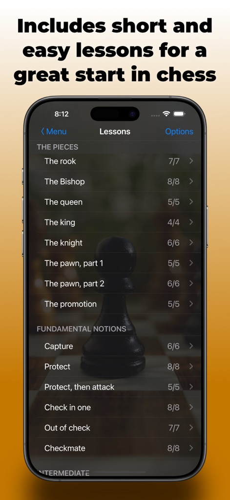 Chess without ads - The app offers a comprehensive list of lessons, organized by piece and fundamental notions, with clear progress tracking.