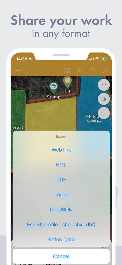 GPS Fields Area Measure Map - Esta herramienta ofrece una amplia gama de opciones para compartir los datos del proyecto, permitiendo a los usuarios exportar información en formatos estándar como 'KML' o 'Esri Shapefile (.shp, .shx, .dbf)' para colaboración.