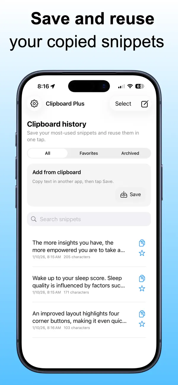Screenshot #1 pour Clipboard Plus Snippets