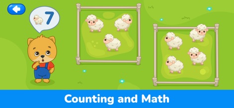 Kids Learning Games: Toddlers - La aplicación involucra a los niños en el conteo, como se ve con el personaje Bimi Boo mostrando el 'número 7 en un globo de diálogo' y las 'ovejas dentro de los corrales', reforzando las habilidades de 'Conteo y Matemáticas'.