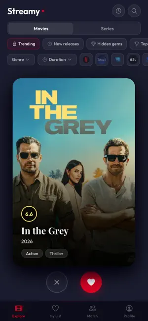 Streamy - Swipe, Match, Watch screenshot 1