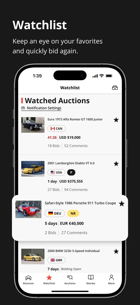 Bring a Trailer Auctions - A seção "Watchlist" permite que os usuários acompanhem facilmente "Leilões Observados" como o Alfa Romeo ou Lamborghini, utilizando o "ícone de estrela" para salvar itens de interesse.