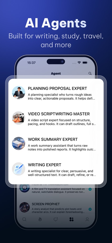 Seekee AI Browser & Search - The app offers a range of specialized AI agents, such as the Planning Proposal Expert and Video Scriptwriting Master, to assist with diverse professional and creative tasks.