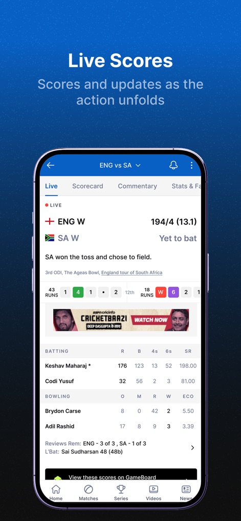 ESPNcricinfo - Cricket Scores - Users get instant live scores and a dynamic ball-by-ball summary, offering a detailed breakdown of the game's progression.