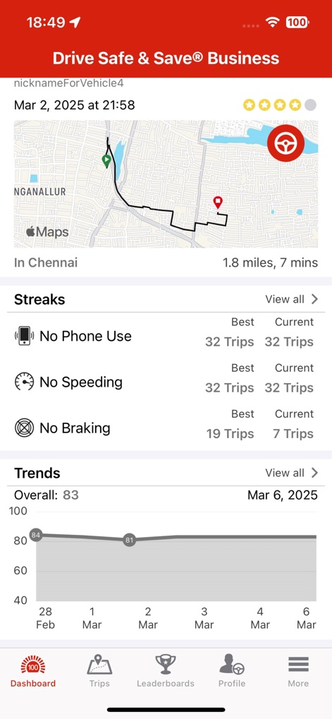 Drive Safe & Save® Business - This tool highlights driver achievements through 'Streaks' for safe behaviors like 'No Phone Use', and visualizes long-term performance with a 'Trends' graph of the overall driving score.