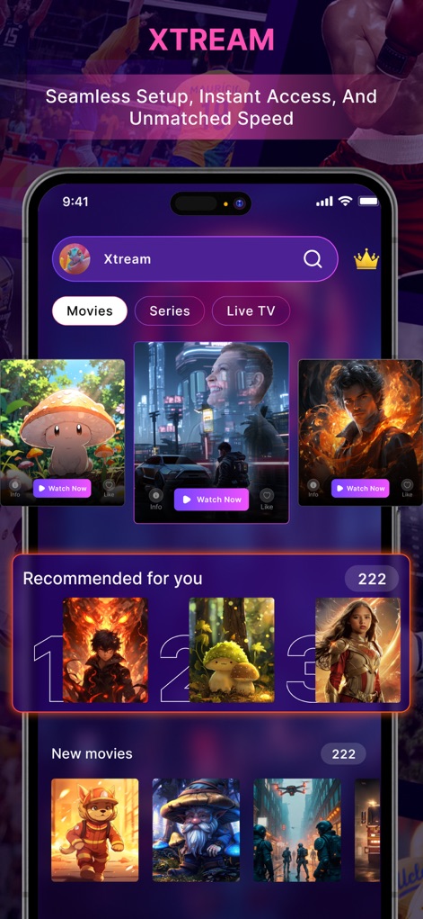 IPTV Player: Xtream, M3U, EPG - Explore the app's streamlined interface featuring dedicated Xtream integration and clearly organized content categories for effortless navigation and discovery.